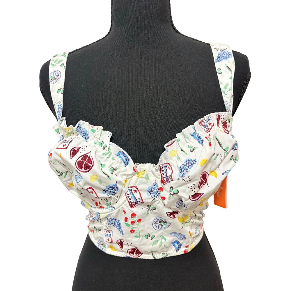 Colsie NWT Corset Crop Top Medium Fruit Sardine Print Ruffle Cotton Bralette